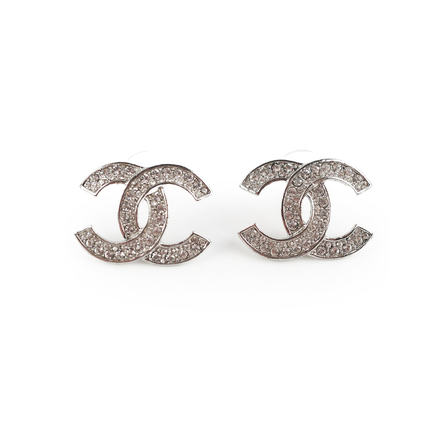 Chanel Silver Rhinestone CC Logo Earrings Costume Jewellery
