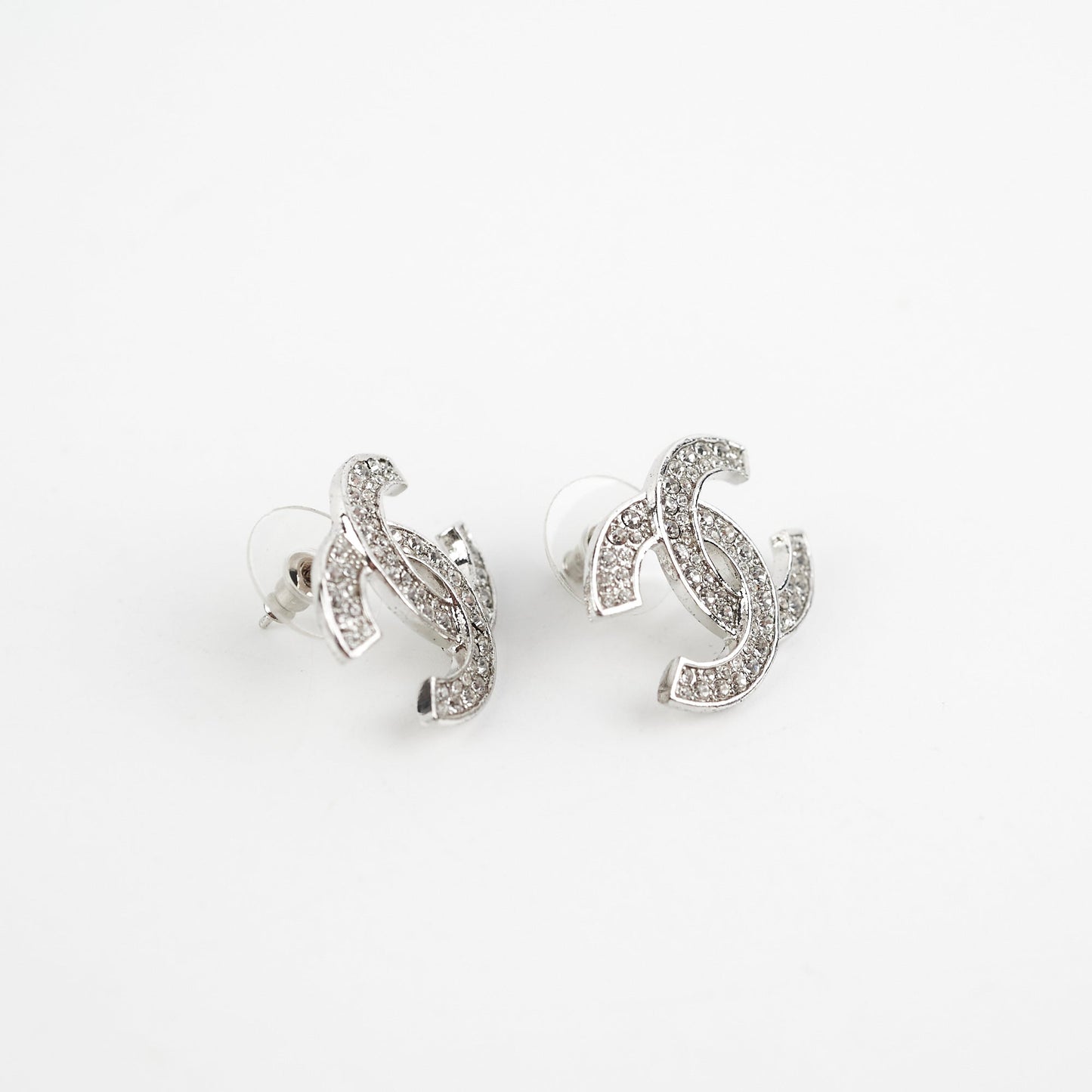 Chanel Silver Rhinestone CC Logo Earrings Costume Jewellery