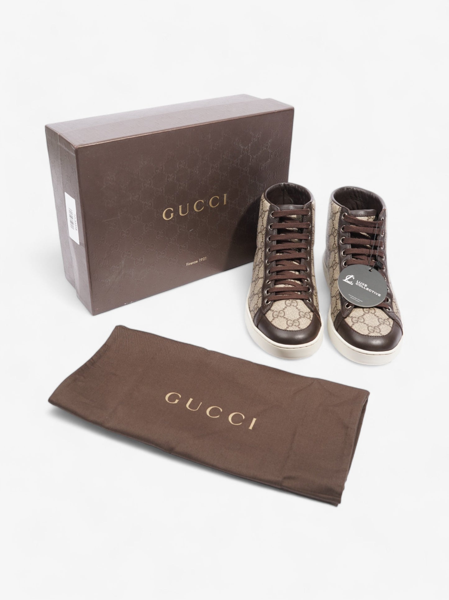 Gucci High Top Sneakers Beige And Ebony GG Supreme / Brown Coated Canvas EU 37 UK 4
