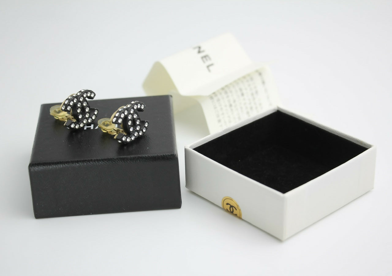 Chanel Vintage 02A Rhinestone Black CC Logo Clip-on Earrings