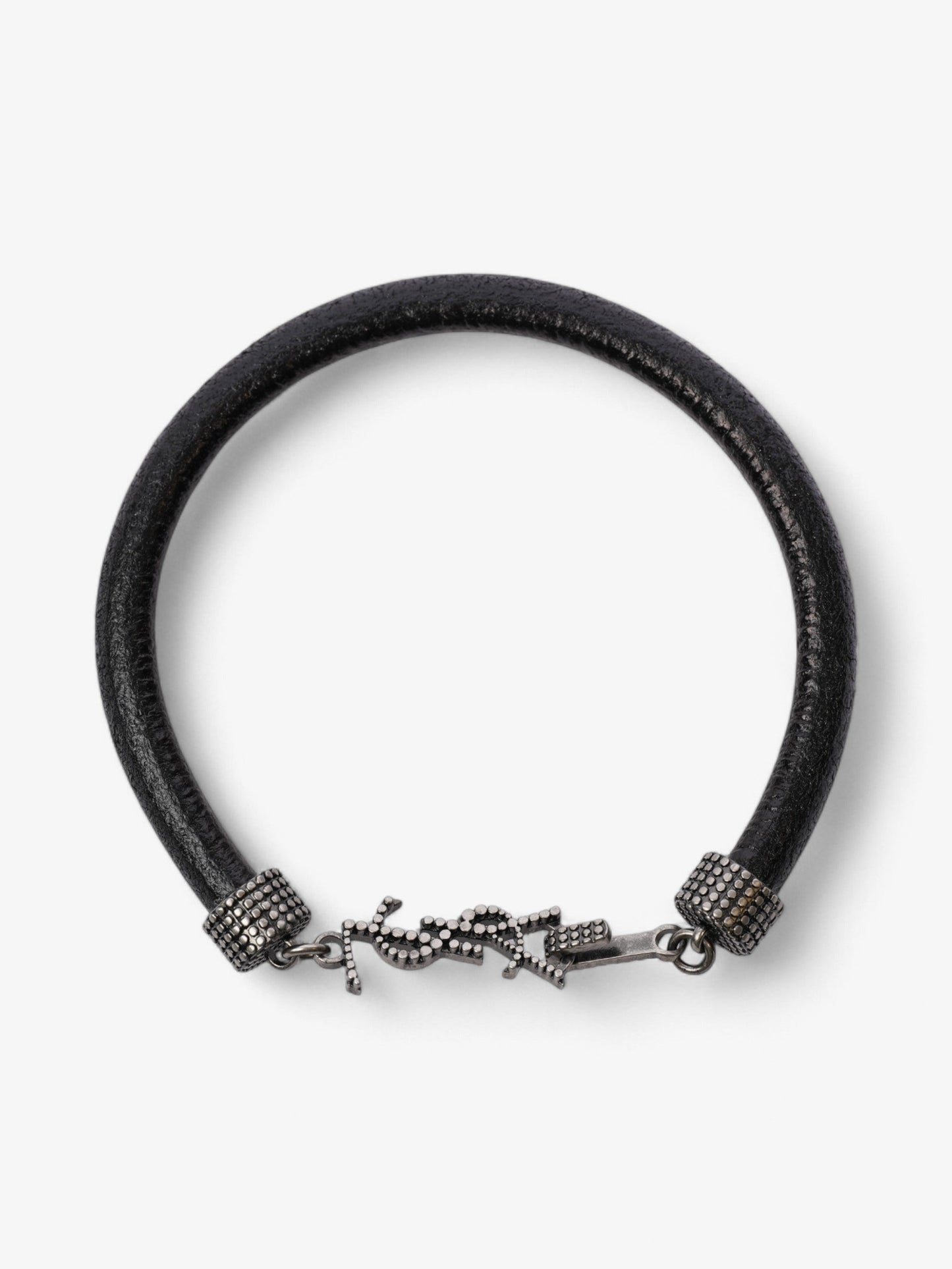 Saint Laurent Logo Hook Bracelet Black / Silver Tone Leather Medium