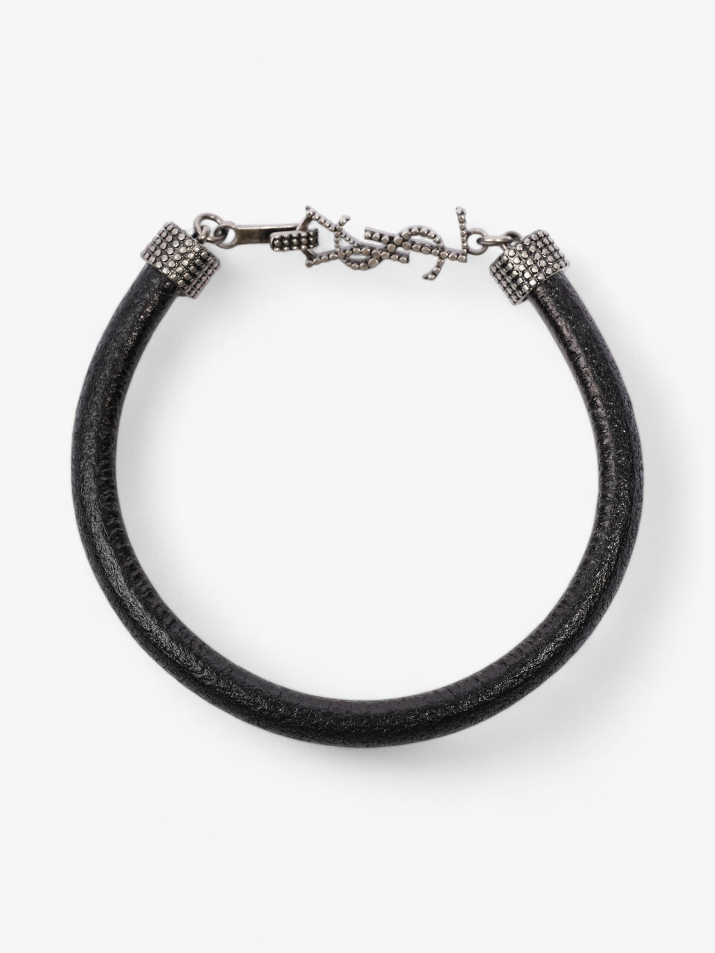 Saint Laurent Logo Hook Bracelet Black / Silver Tone Leather Medium