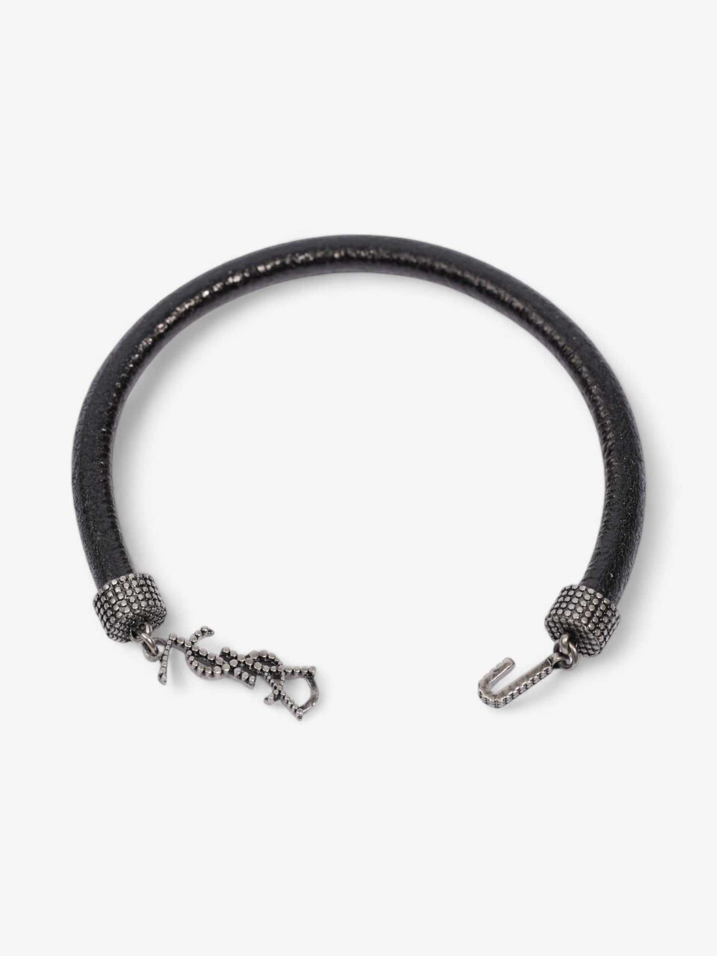 Saint Laurent Logo Hook Bracelet Black / Silver Tone Leather Medium