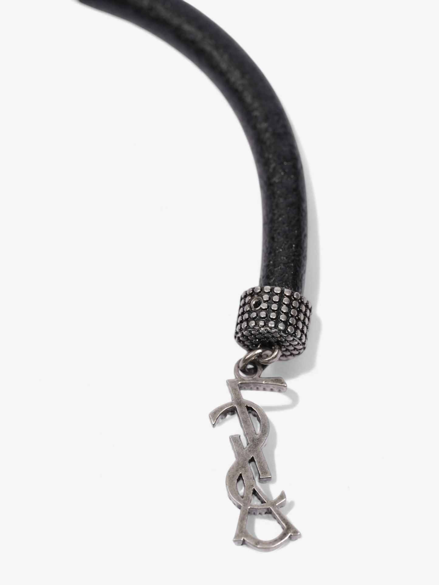 Saint Laurent Logo Hook Bracelet Black / Silver Tone Leather Medium