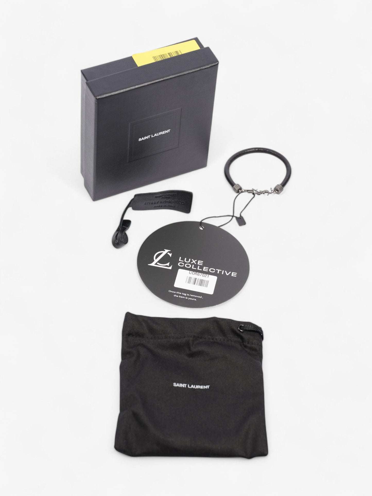 Saint Laurent Logo Hook Bracelet Black / Silver Tone Leather Medium