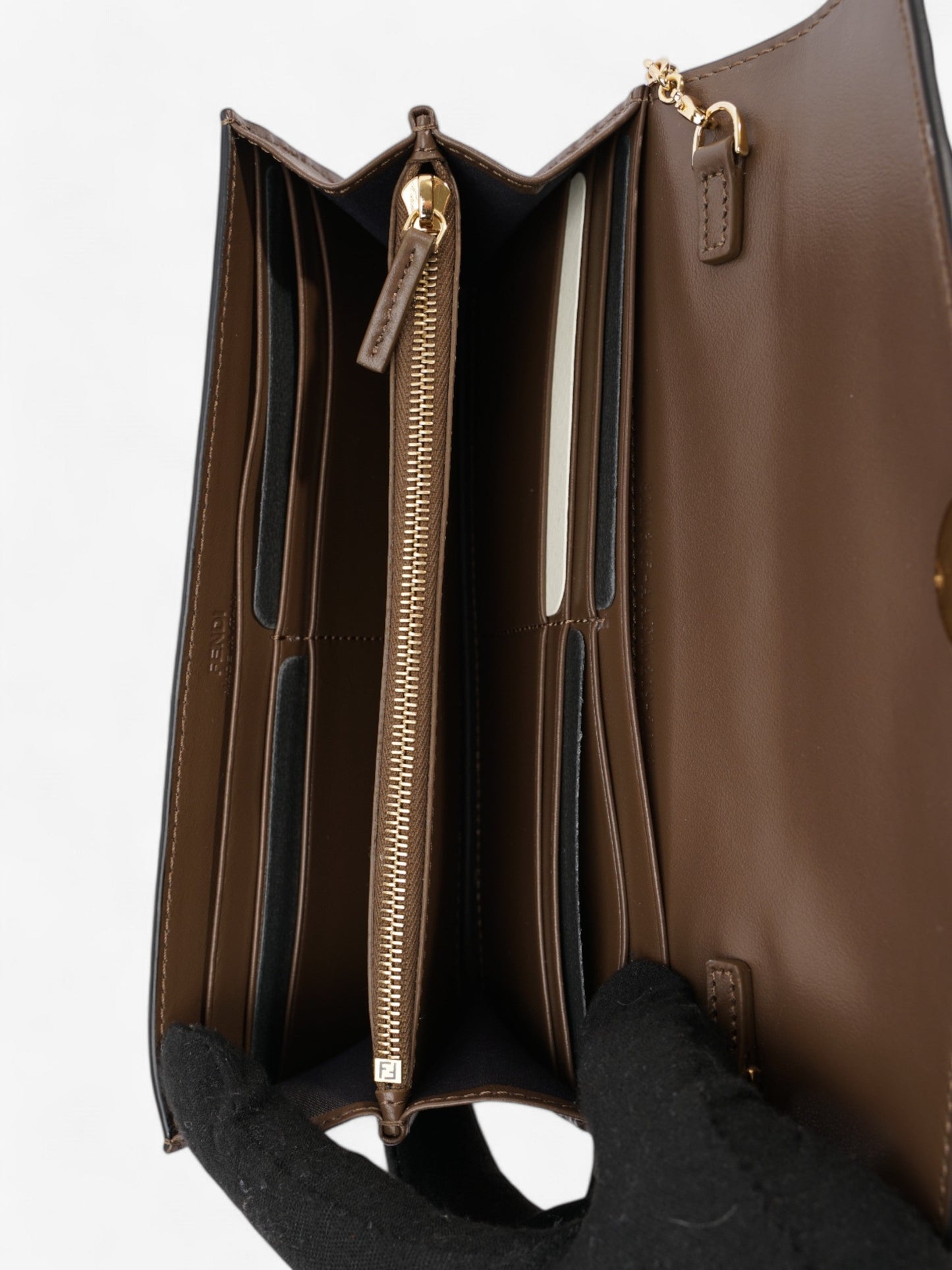 Fendi FF Circle Continental With Chain Brown / Black Calfskin Leather