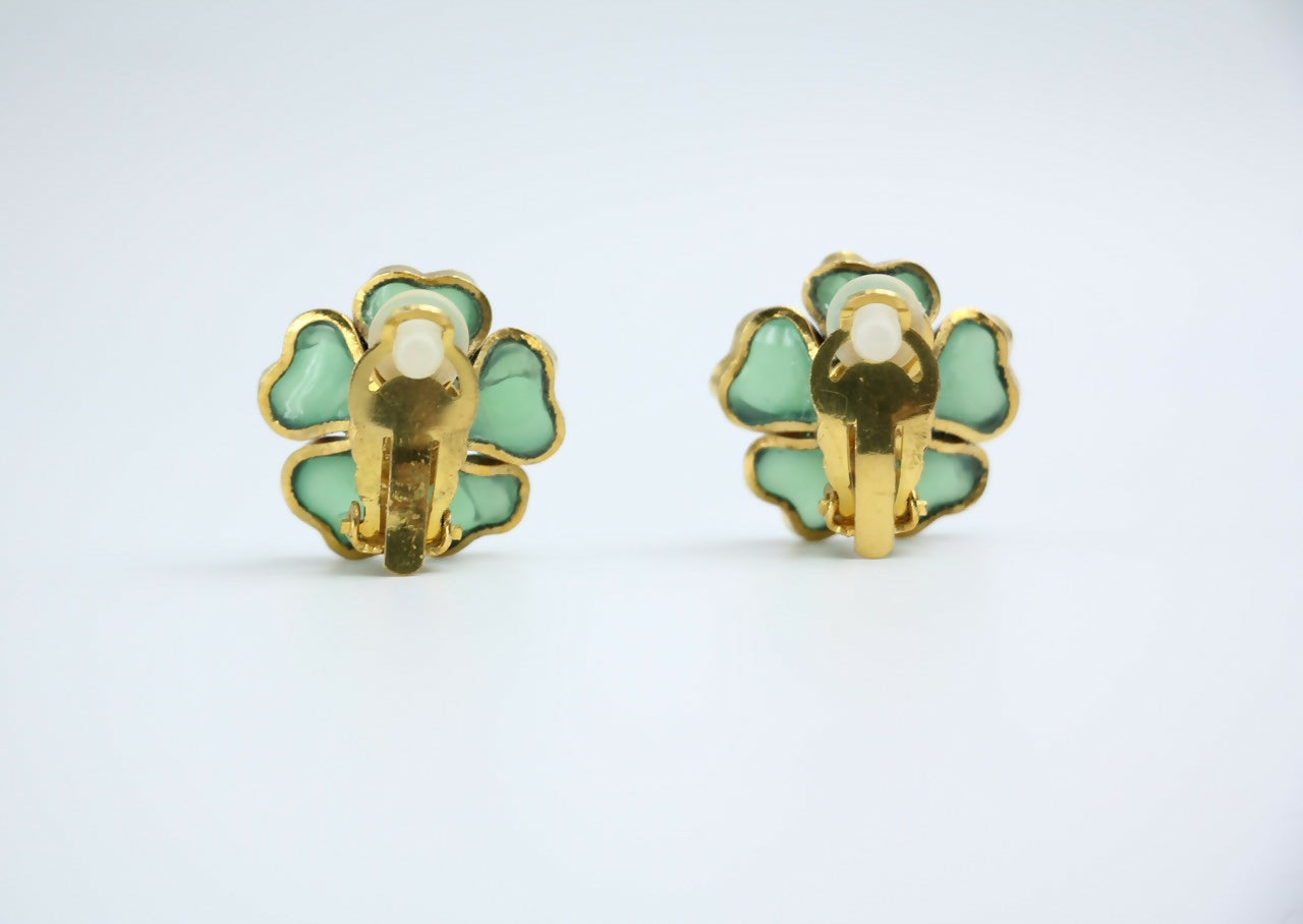 Chanel Vintage 97P Gripoix Jade Light Green Camellia Clip-on Earrings