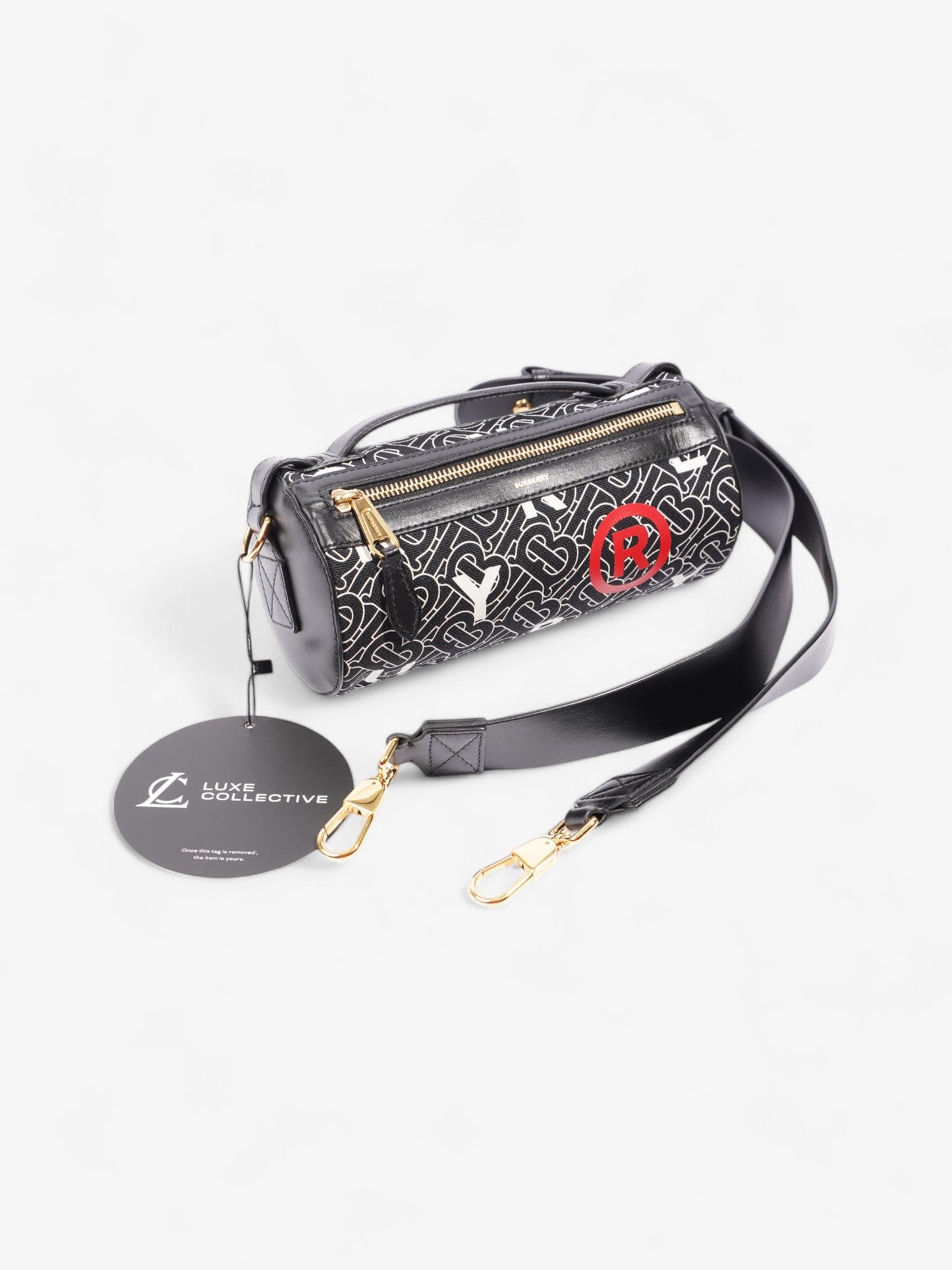Burberry TB Barrel Bag Black / White / Red Canvas