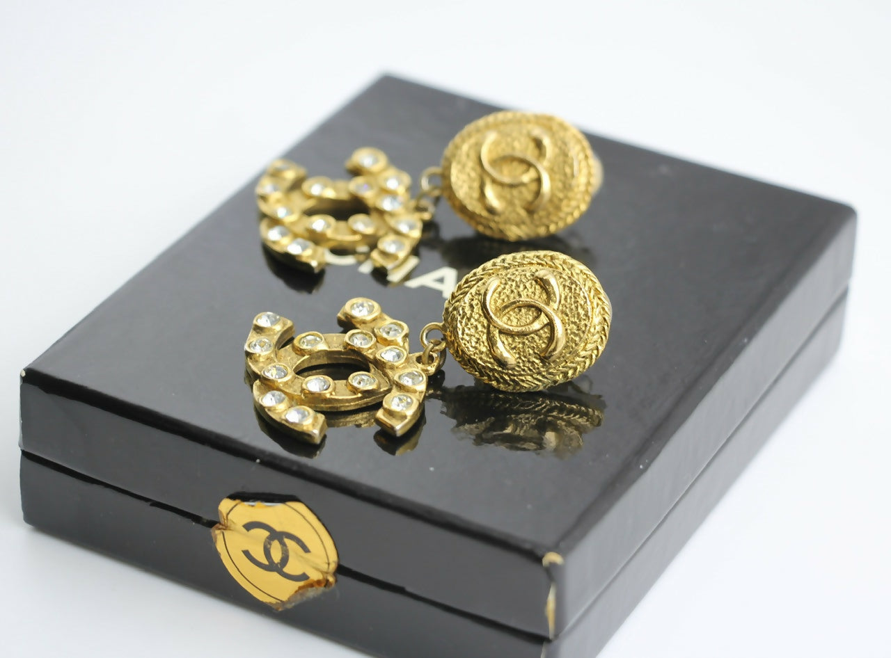 Chanel Vintage 71-80s Rhinestone & Gold-plated Round Relief Dangle Clip-on Earrings