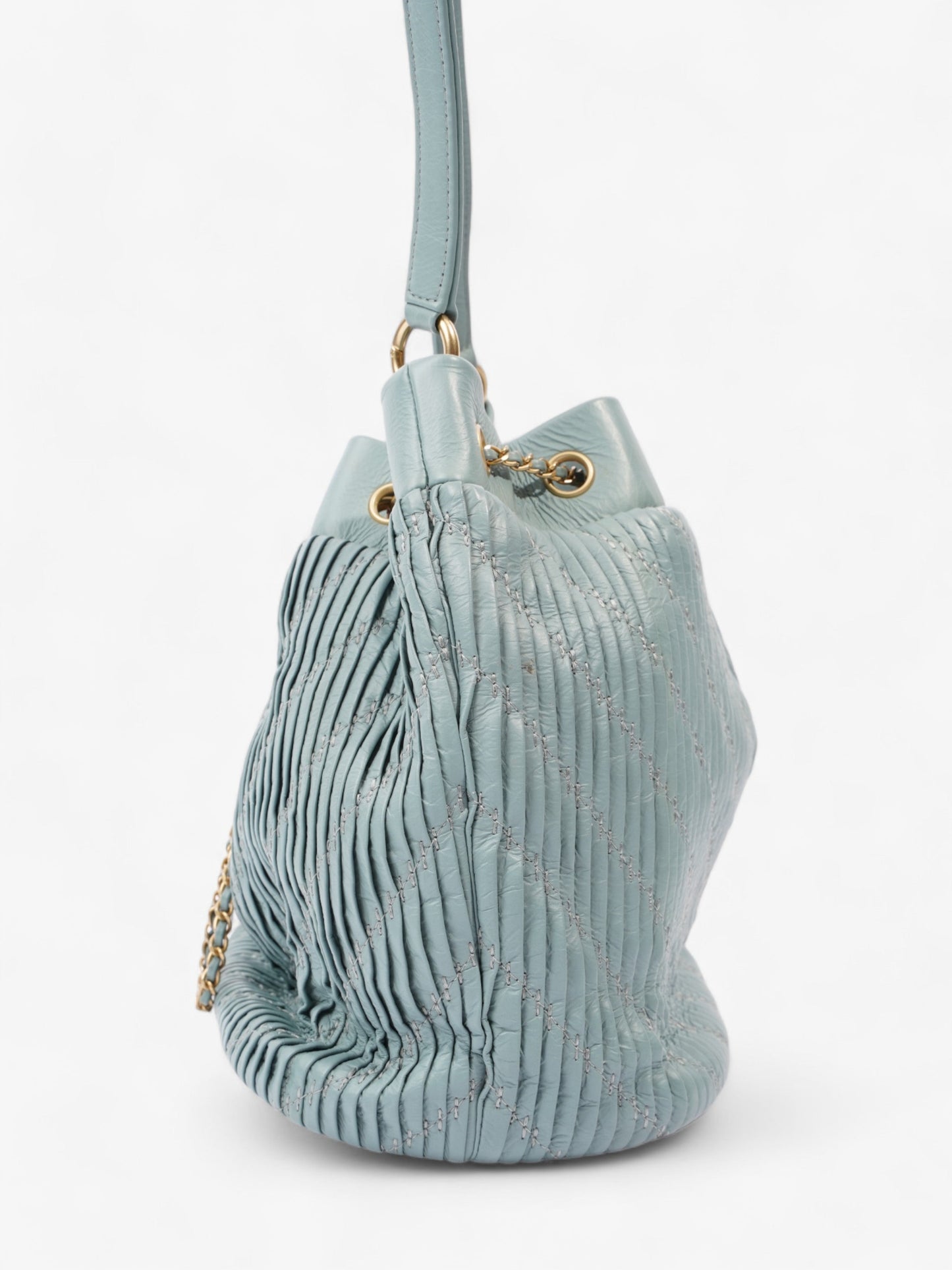 Chanel Pleated Drawstring Light Blue Leather