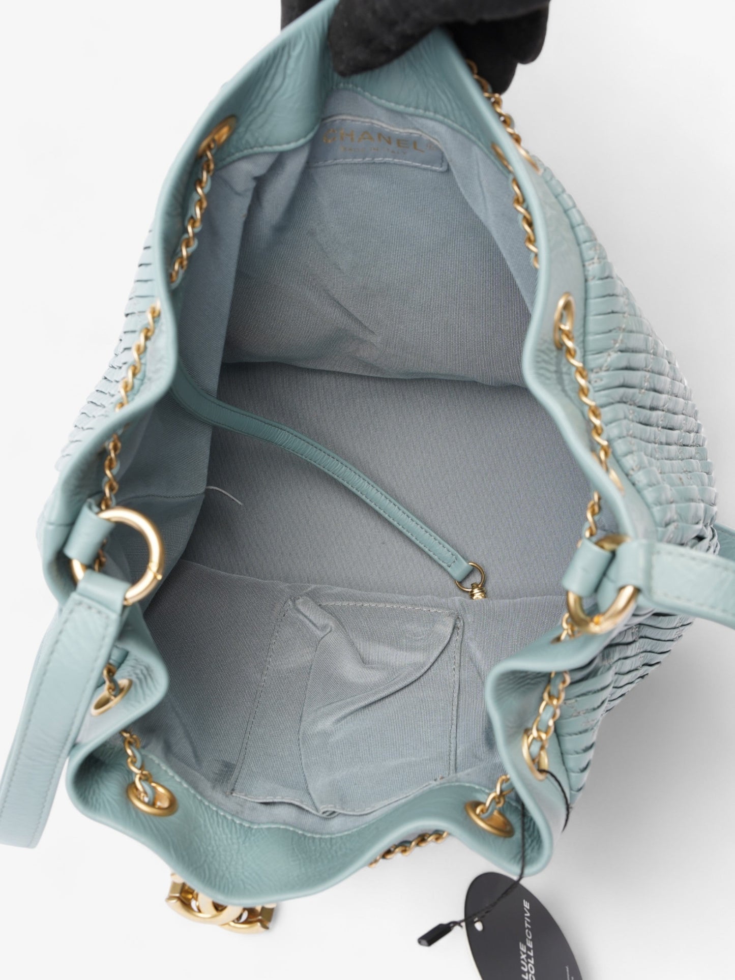Chanel Pleated Drawstring Light Blue Leather