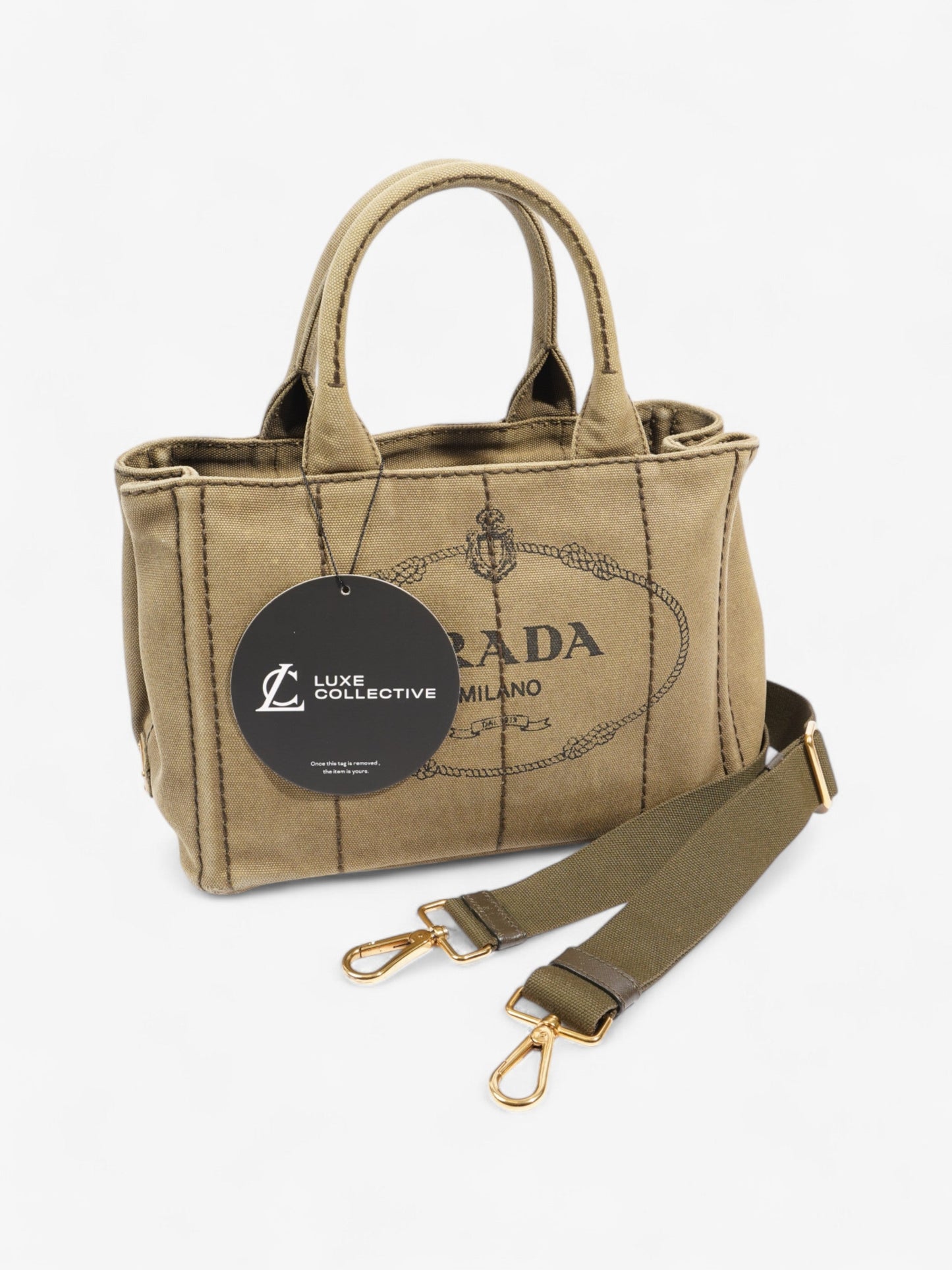 Prada Canapa 2 Way Handbag Khaki Cotton