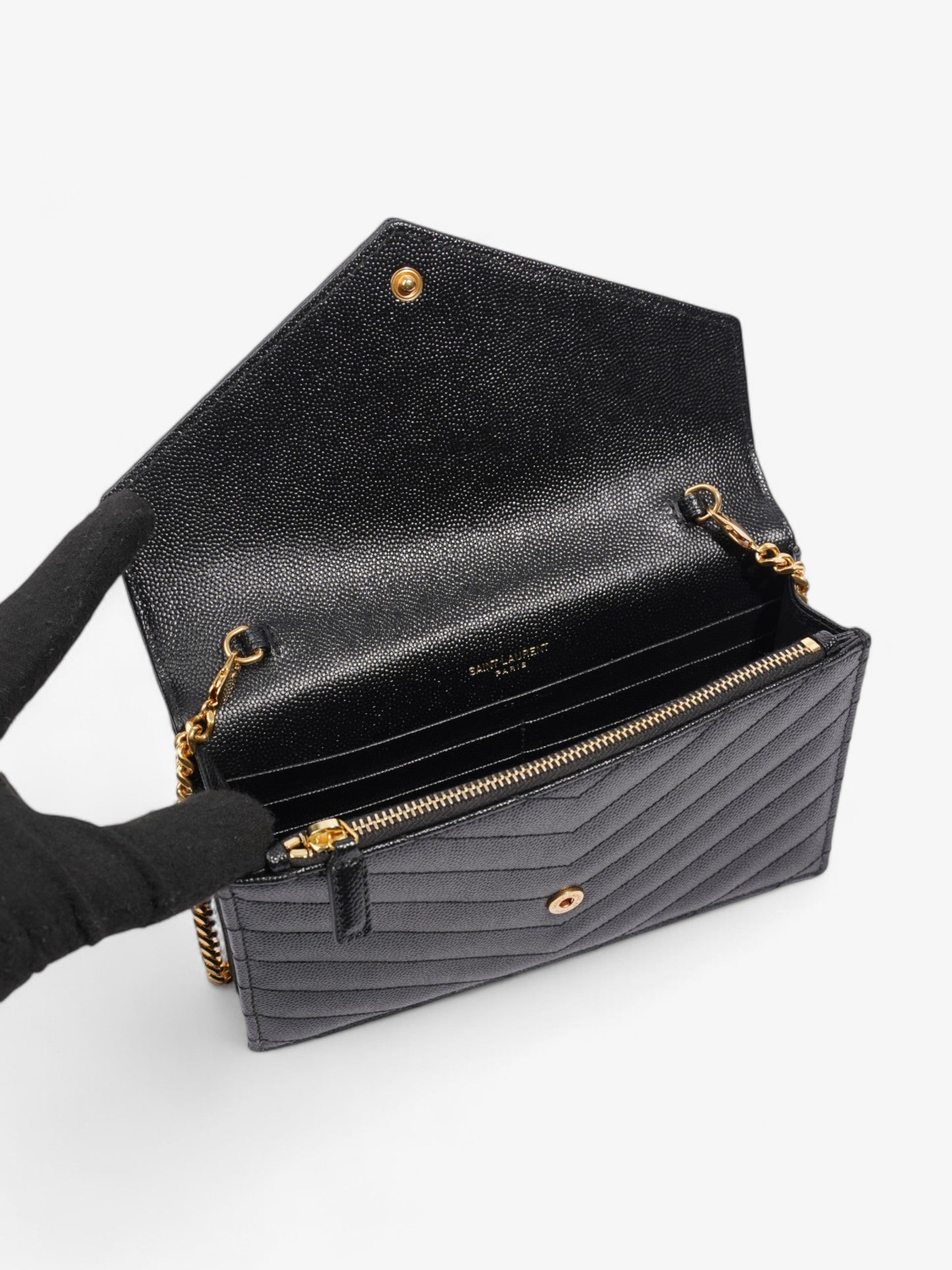 Saint Laurent Cassandre Envelope Chain Wallet Black Grained Leather