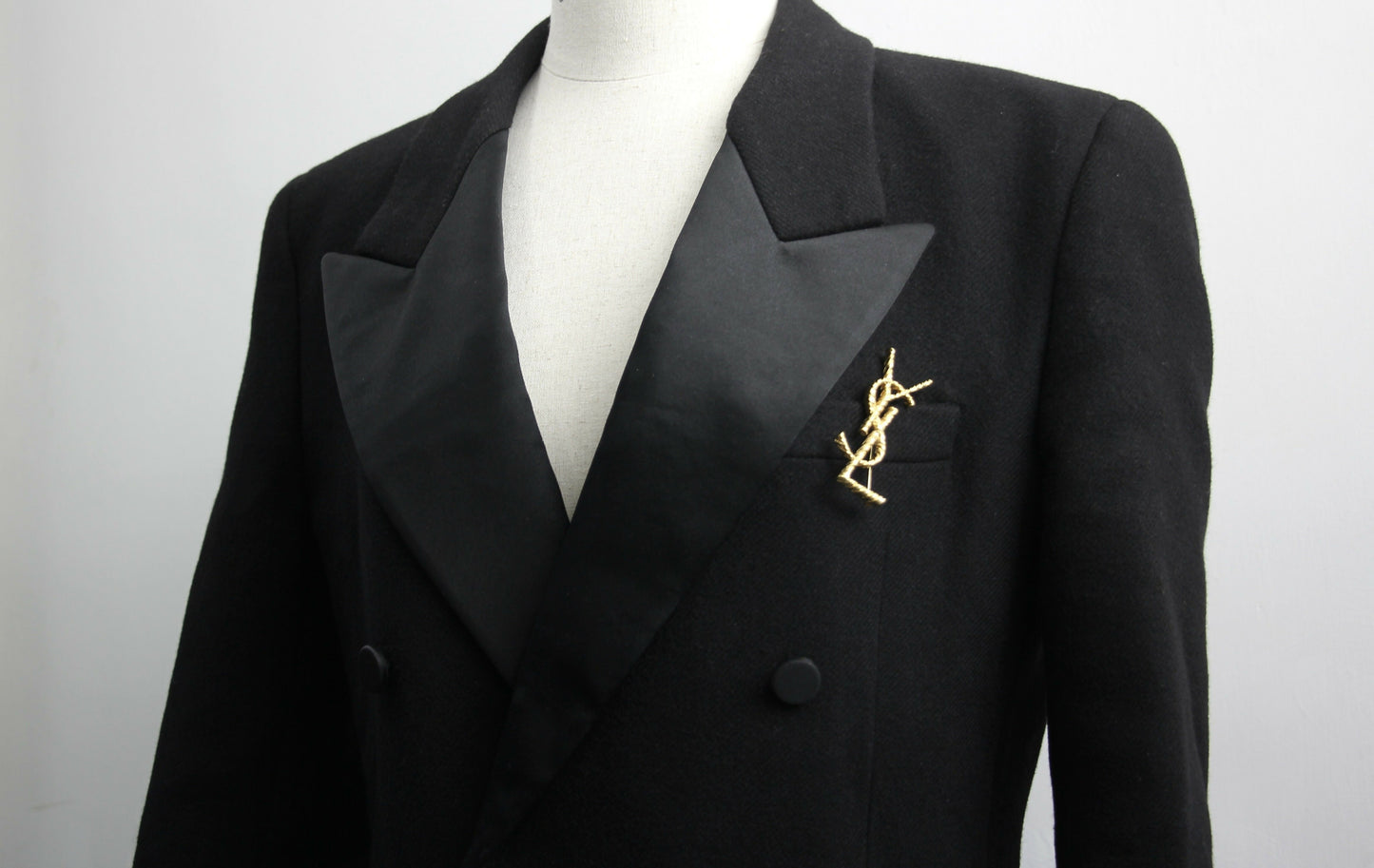 Saint Laurent Black Tuxedo Coat In Grain De Poudre + Saint Laurent YSL Logo Twisted Stripe Texture Brooch