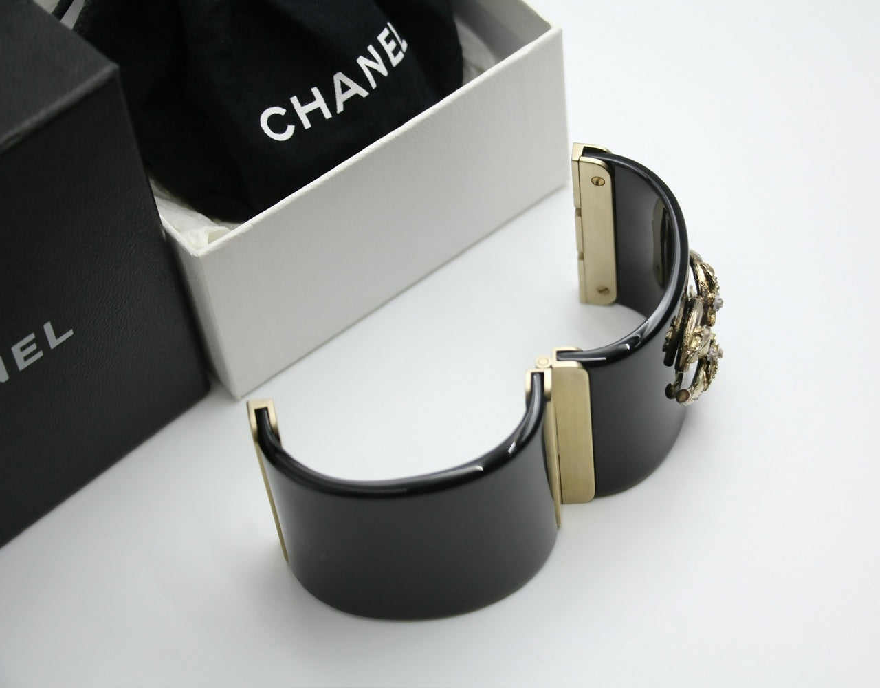 Chanel 13C Metal Resin Black Flower Bracelet Cuff