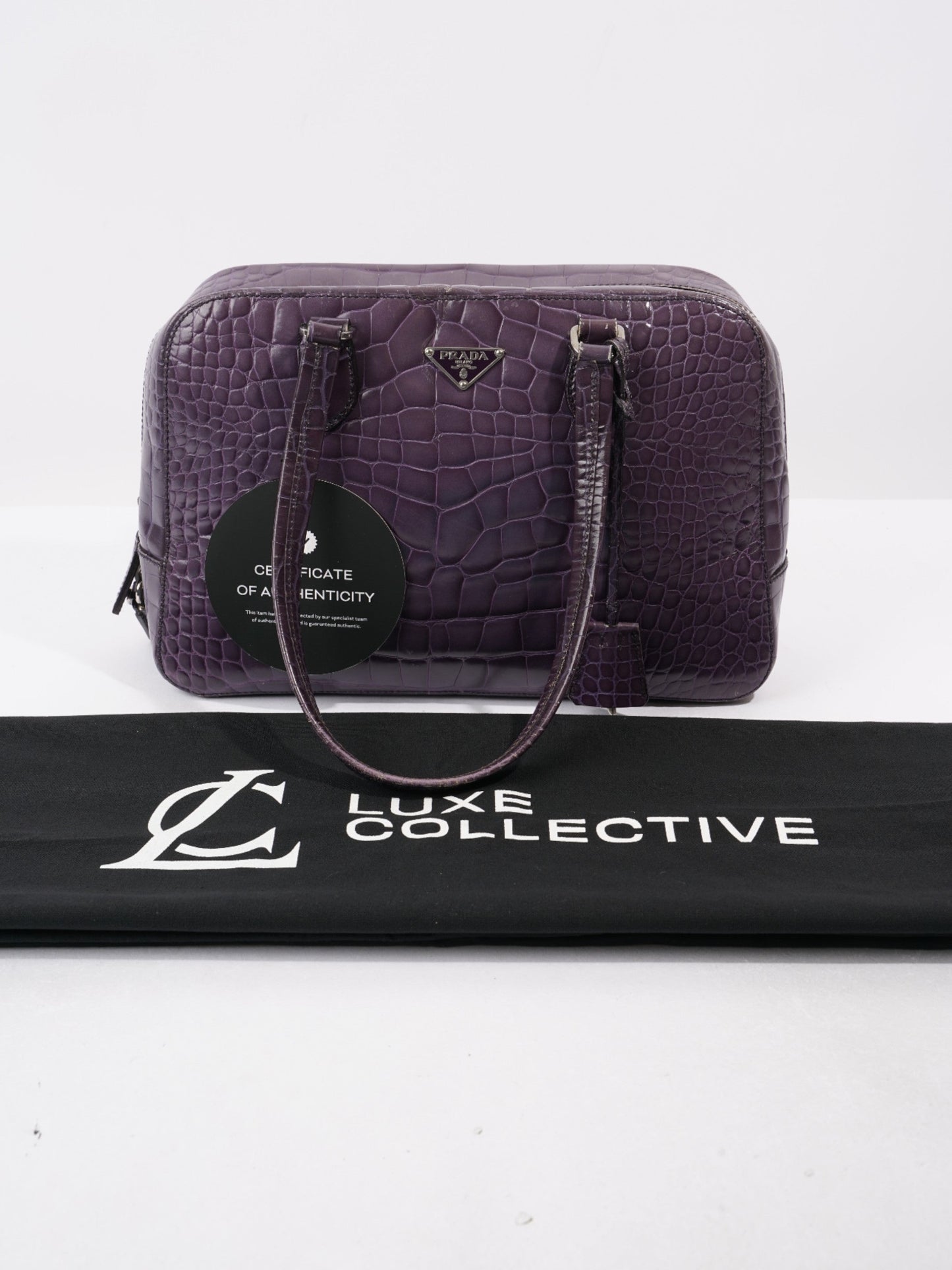 Prada Bauletto Bag Purple Embossed Leather
