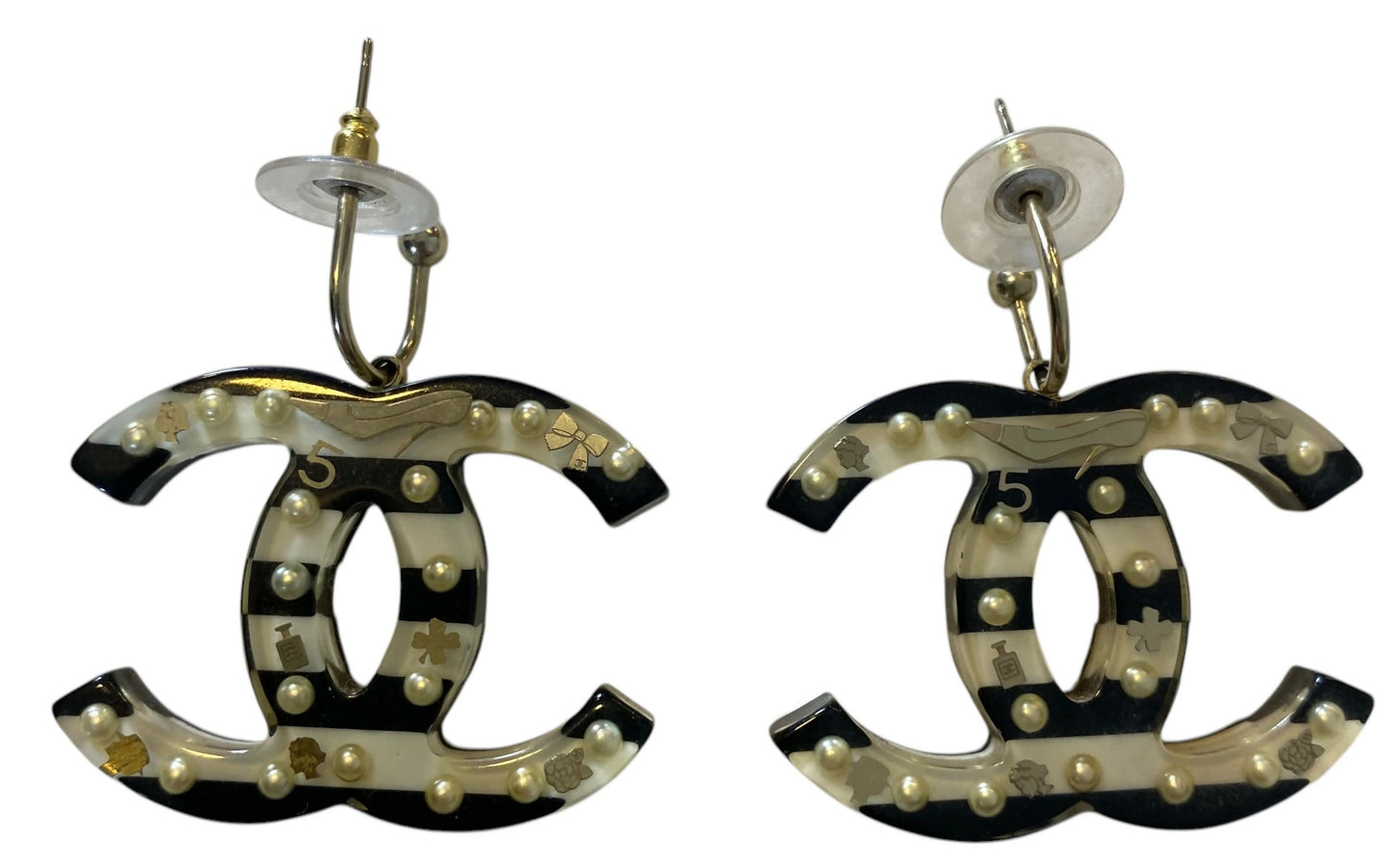 Rare Chanel 05A Large Oversized Black White Striped Resin Pearl Enamel CC Brooch & Earrings Set
