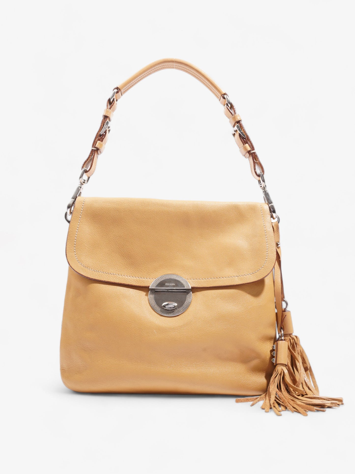 Prada Tassel Flap Shoulder Caramel Brown Leather