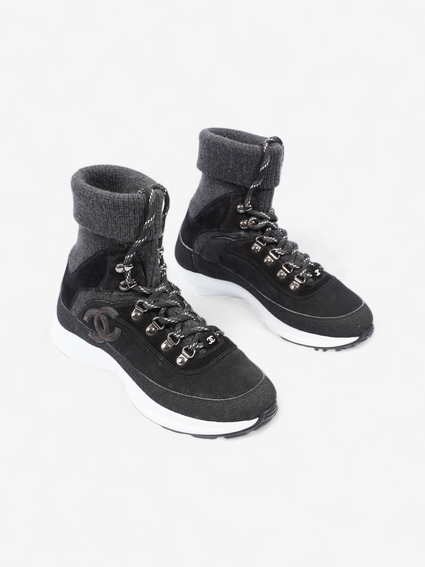 Chanel Interlocking CC Logo High Top Sneaker Black / Dark Grey Knit EU 38 UK 5