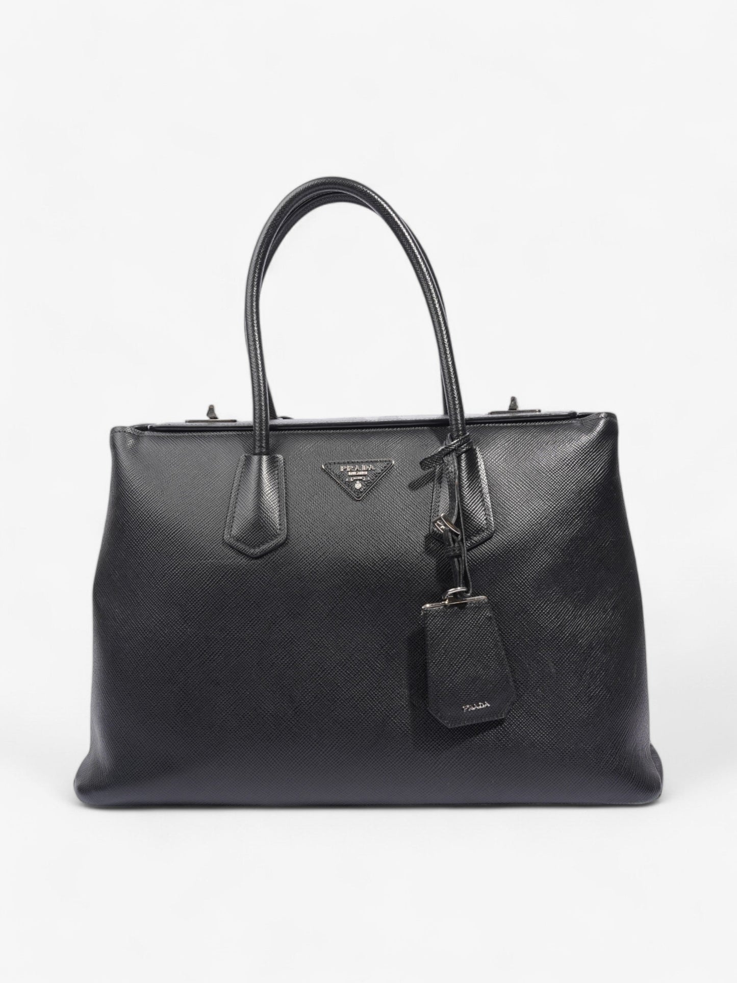 Prada Turnlock Twin Tote Black Saffiano Leather