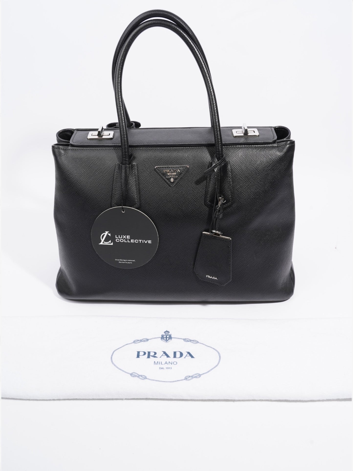 Prada Turnlock Twin Tote Black Saffiano Leather