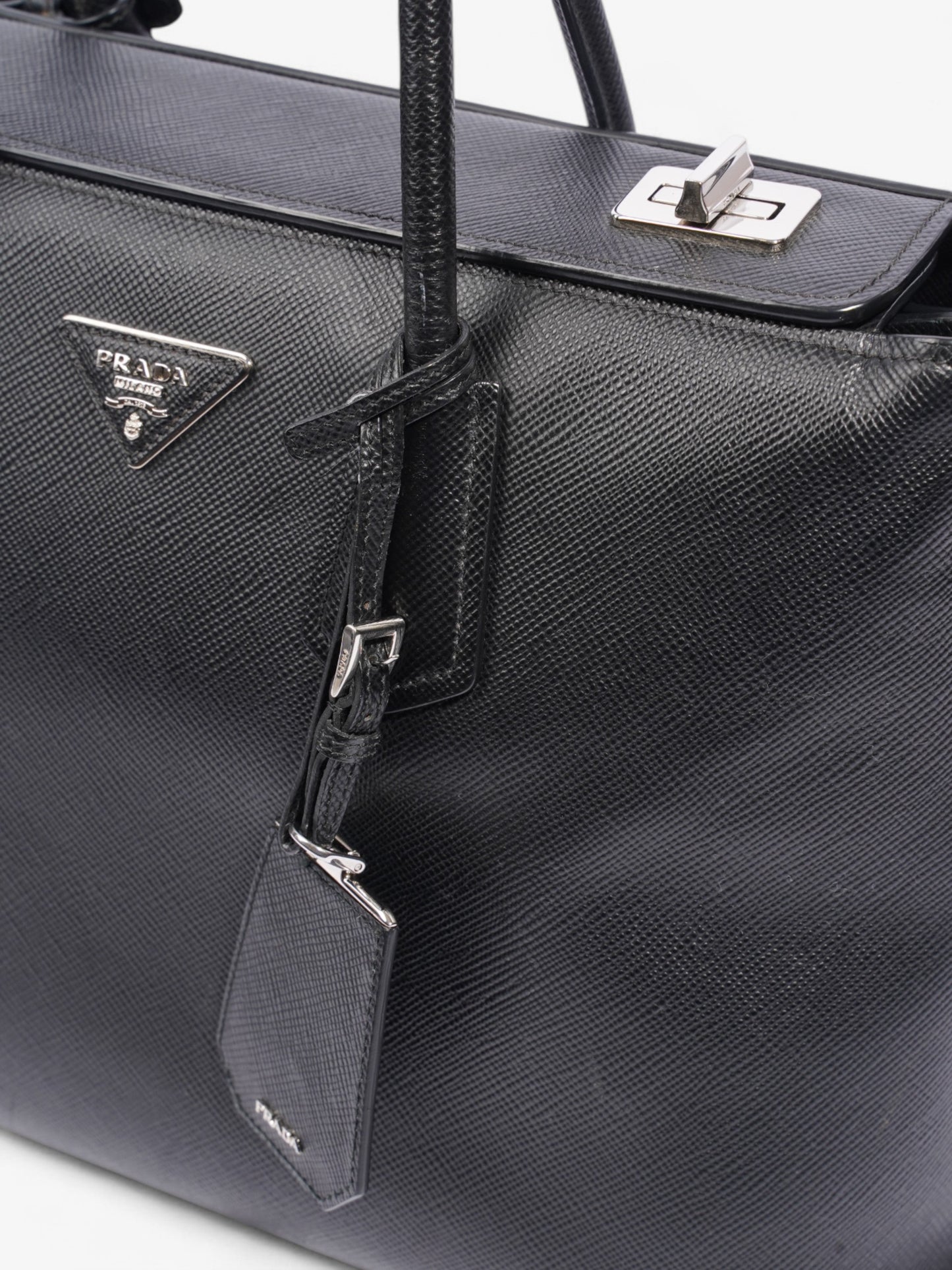 Prada Turnlock Twin Tote Black Saffiano Leather