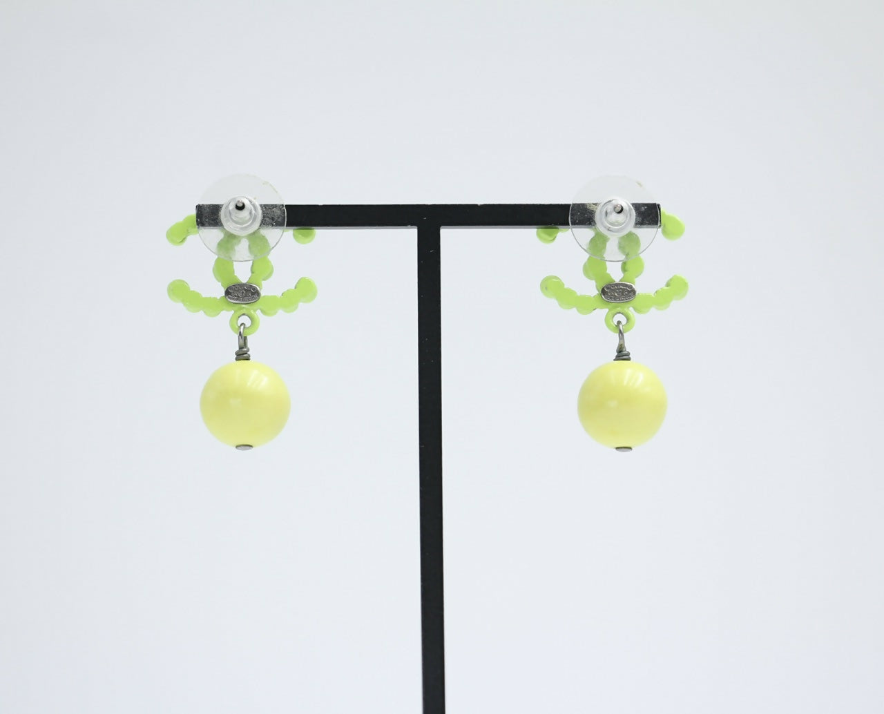 Chanel Vintage 04A Resin Fluorescent Green and Yellow Dangle Stud Earrings