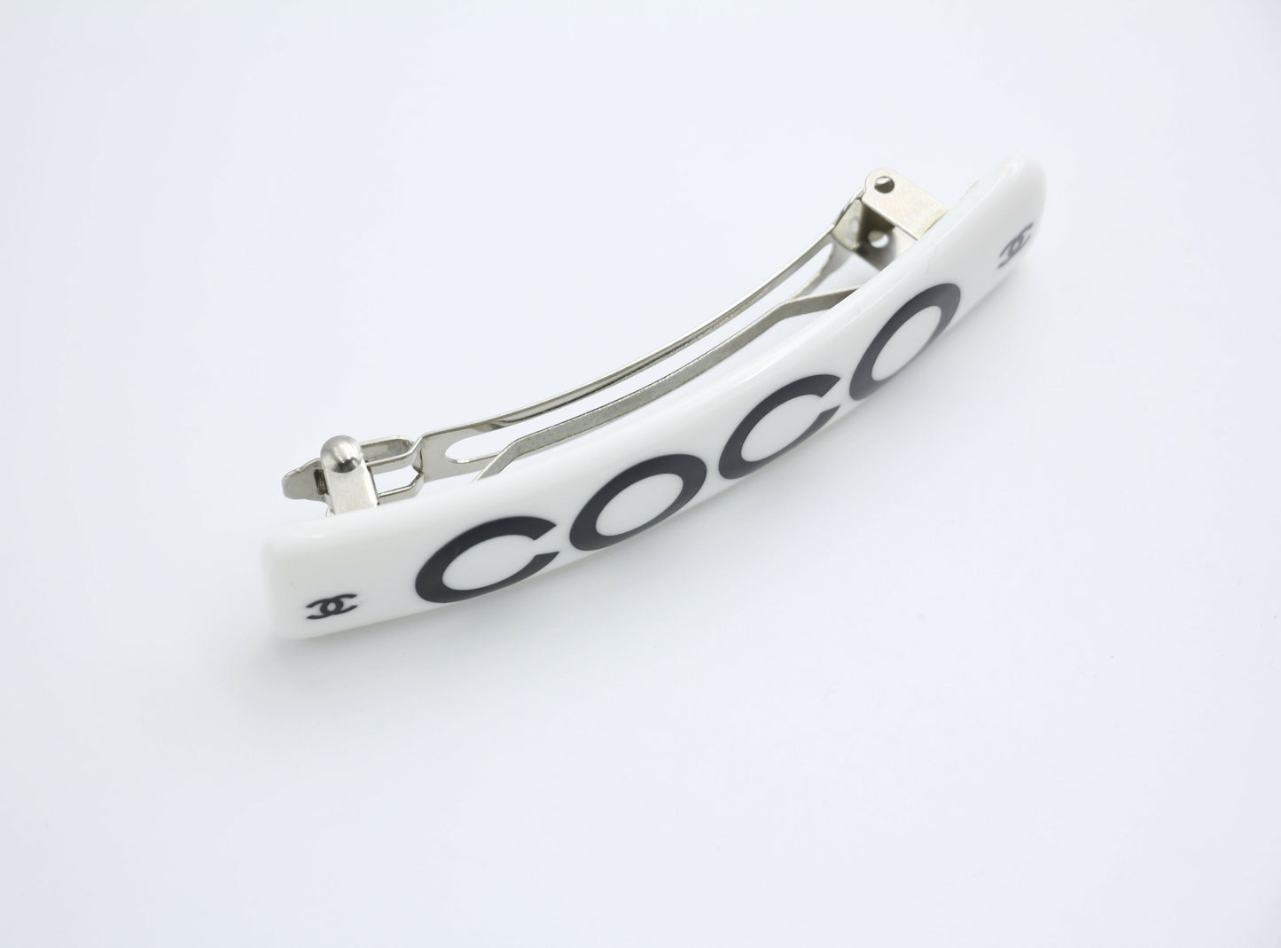 Chanel Vintage 01P Resin Coco Logo White Hairpin