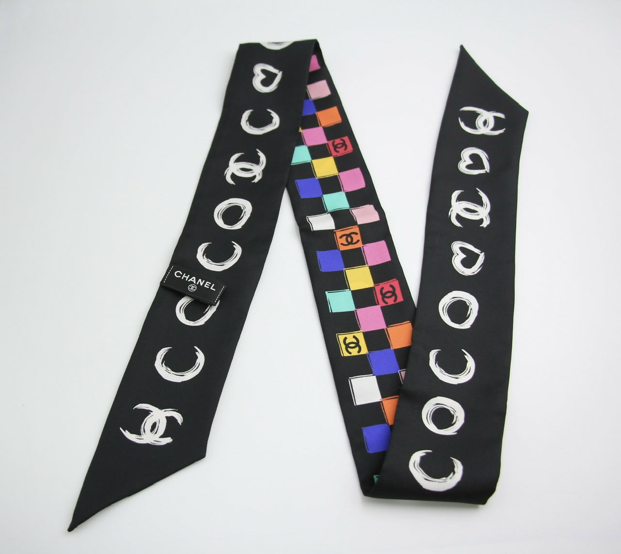 CHANEL 100% Silk Twilly Checkered Pattern CC Logo Scarf in Black and Multicolour