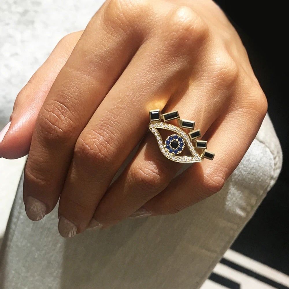Black Crystal Evil Eye Ring