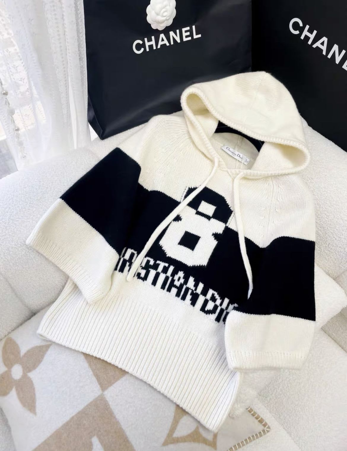 Christian Dior Soft White/Black 'Christian Dior 8' Hooded Sweater F40