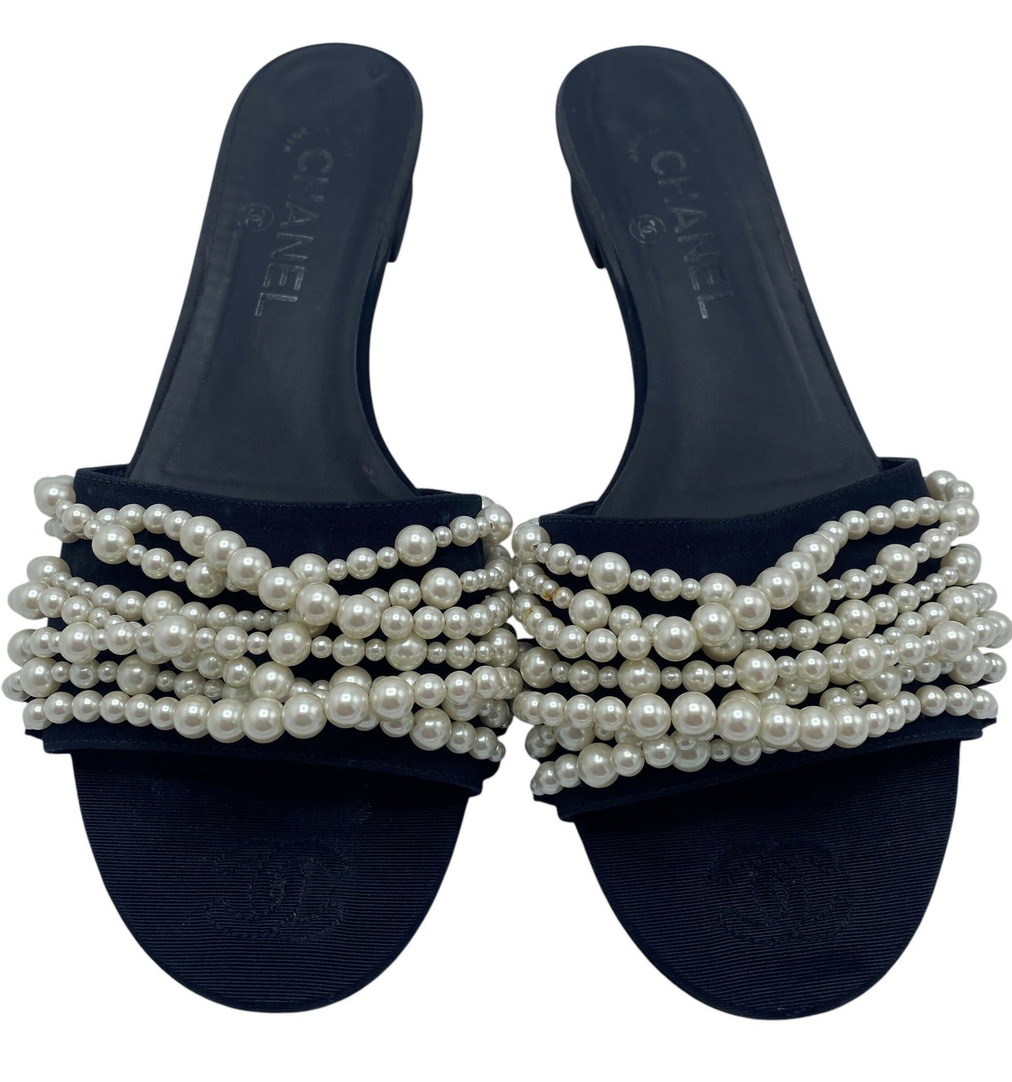 Chanel Classic Black White Pearl Slides Flats Sandals EU 39