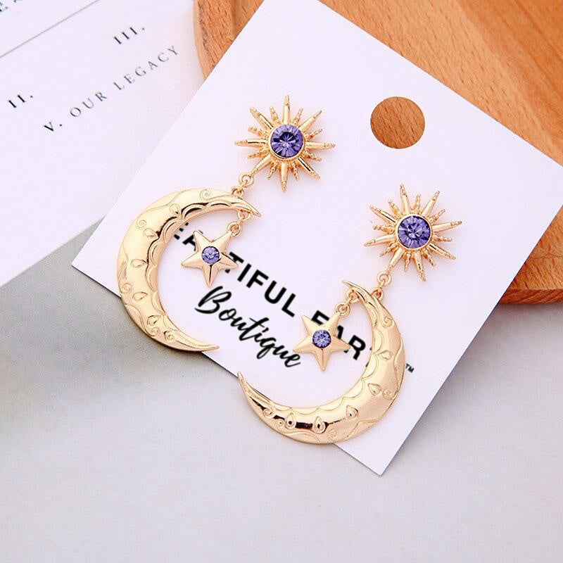 Crystal Crescent Moon & Star Earrings