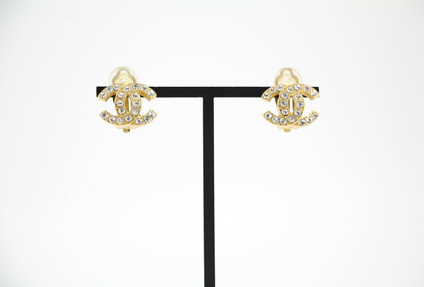 Chanel Vintage 02A Rhinestone Gold-plated CC Mark Clip-on Earrings
