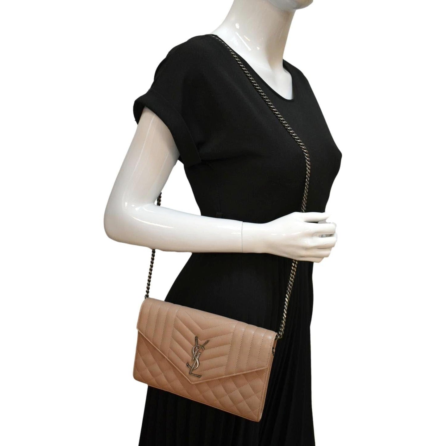 YVES SAINT LAURENT WOC Mixed Matelasse Leather Wallet Dark Beige