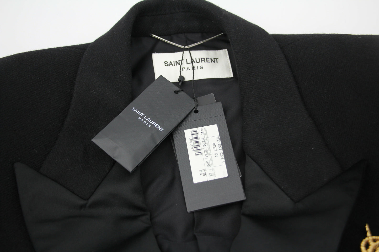 Saint Laurent Black Tuxedo Coat In Grain De Poudre + Saint Laurent YSL Logo Twisted Stripe Texture Brooch