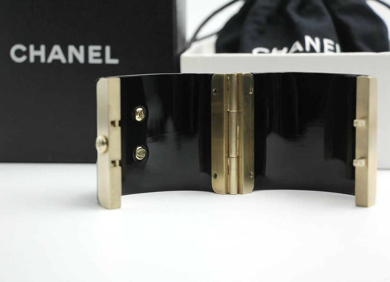 Chanel 13C Metal Resin Black Flower Bracelet Cuff