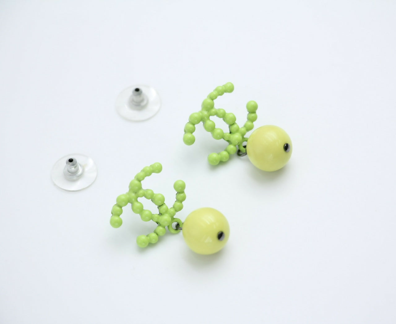 Chanel Vintage 04A Resin Fluorescent Green and Yellow Dangle Stud Earrings