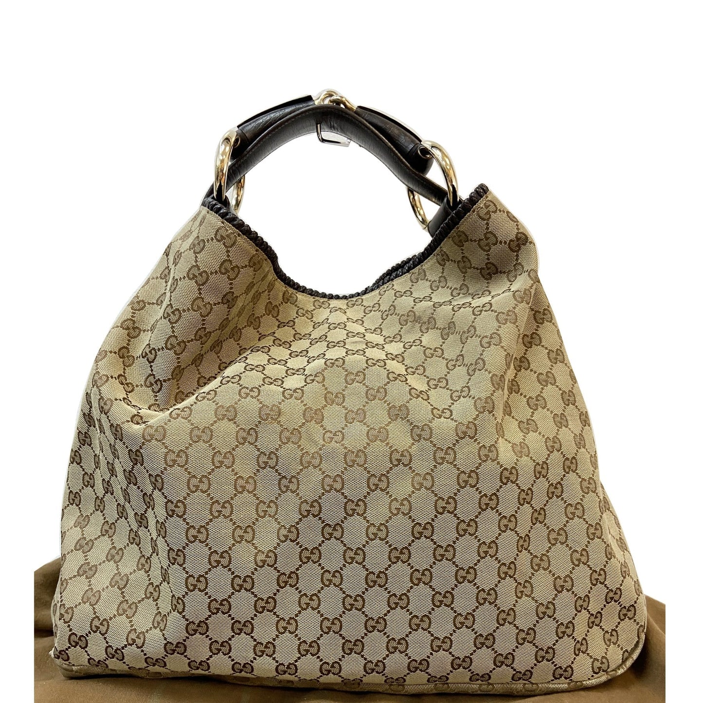 GUCCI Horsebit GG Canvas Large Hobo Bag Beige