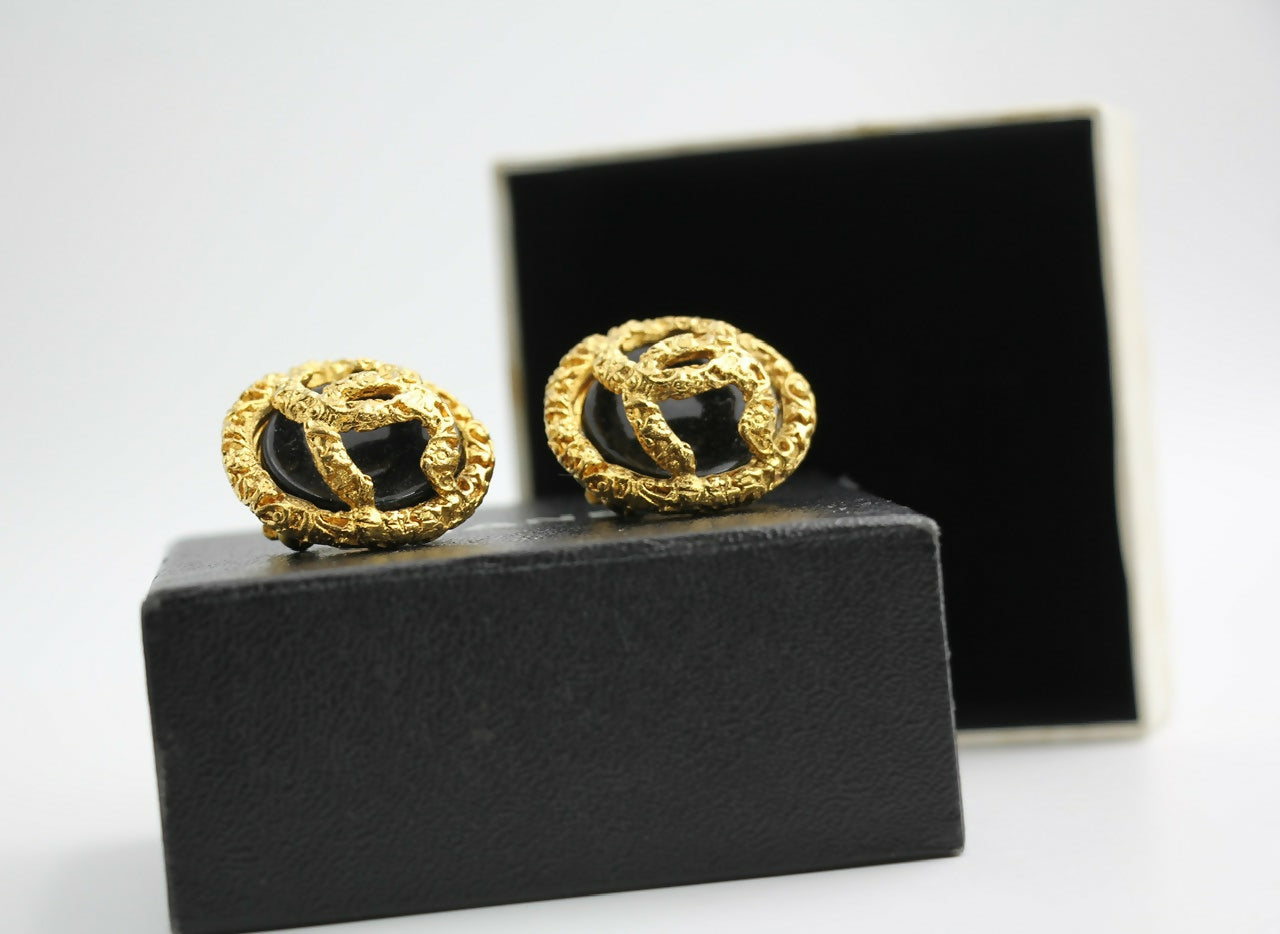 Chanel Vintage 93P Lava Black Gold Clip-on Earrings