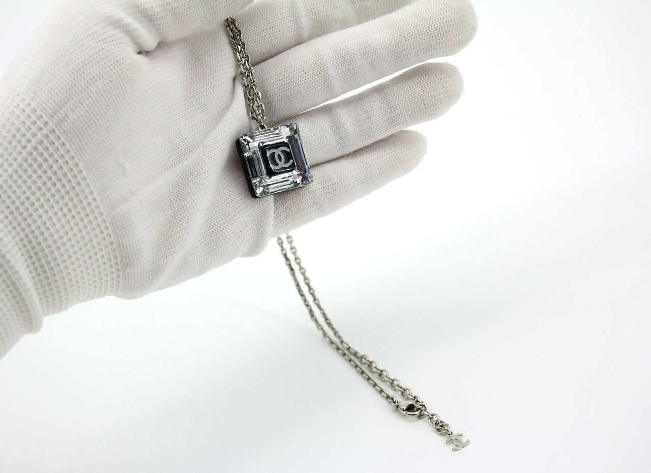 Chanel Vintage 10A Resin Transparent Square Black CC Pendant Necklace