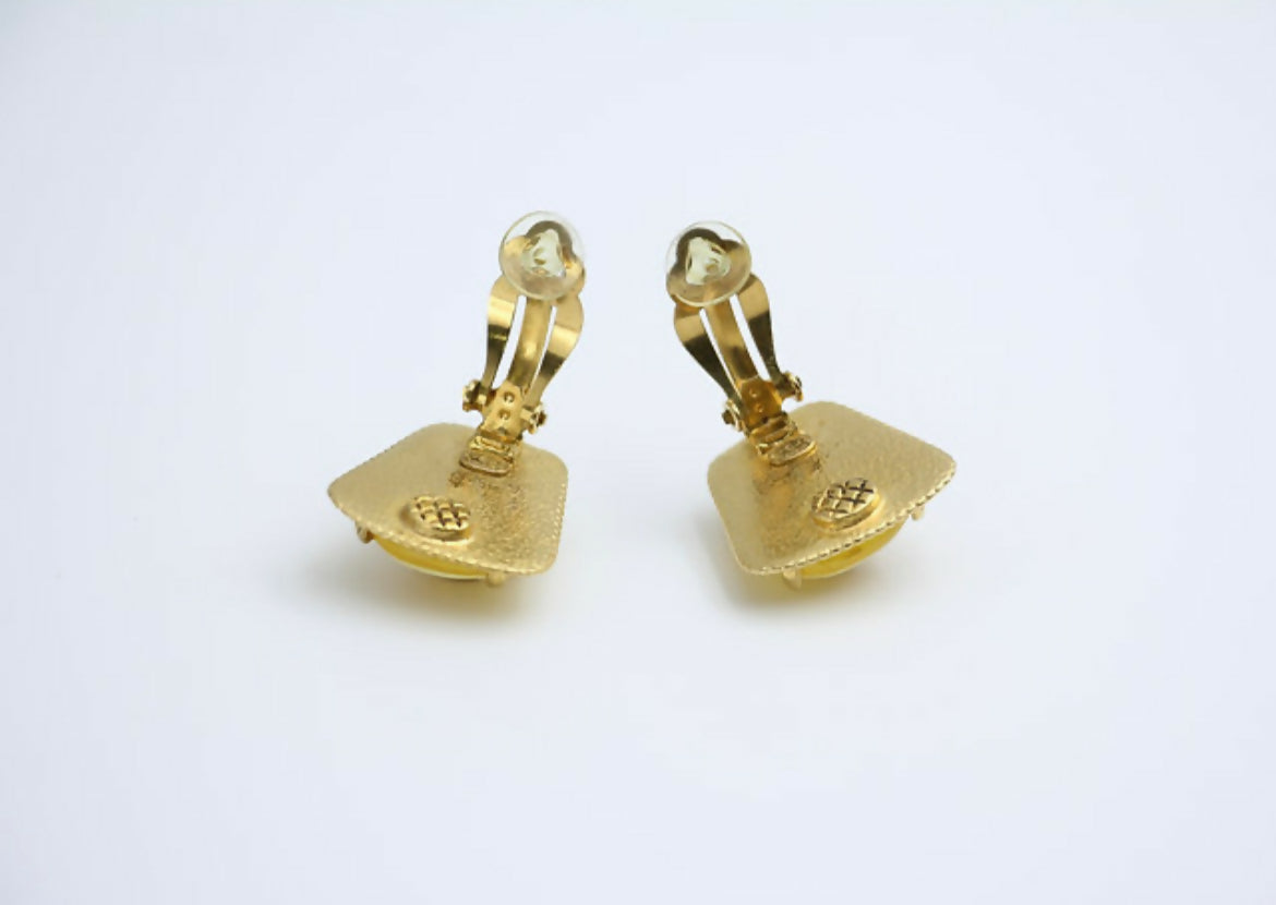 Chanel Vintage 97A Gripoix Yellow Square Candy Clip-on Earrings