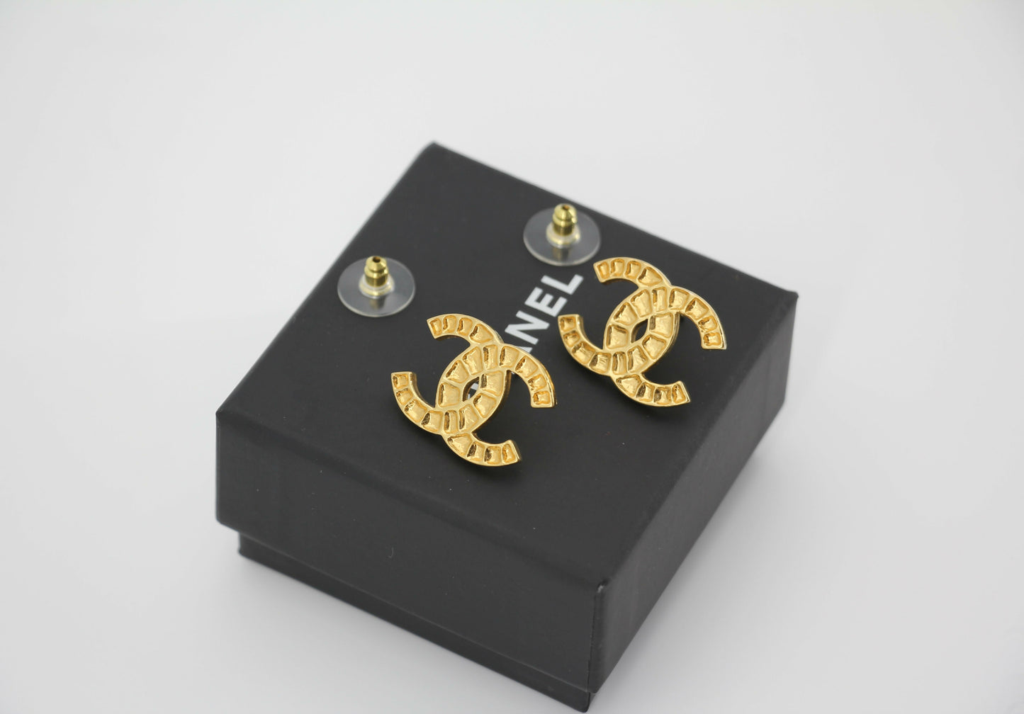 Chanel B19A Metal Square Embossed Gold CC Earrings