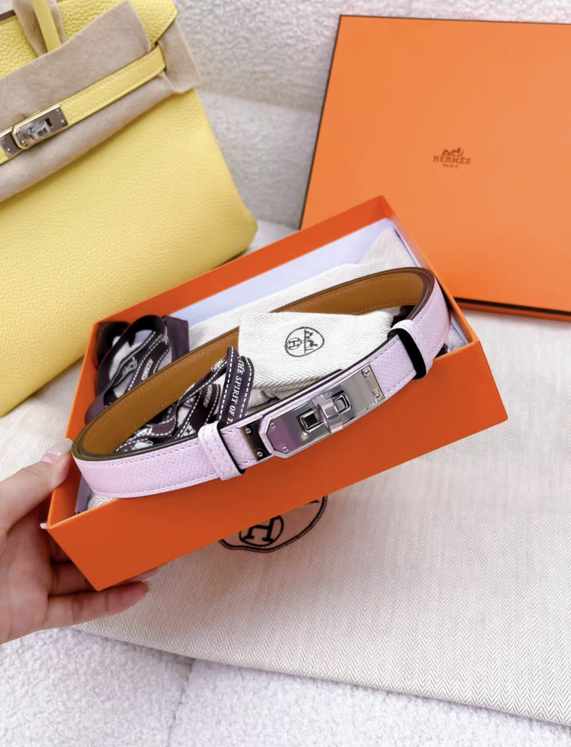 Hermès Kelly 18 Belt Mauve Pale Epsom Palladium Hardware