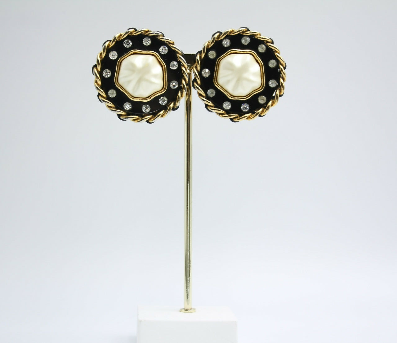 Chanel Vintage 1988 Leather Chain & Rhinestone Clip-on Round Earrings