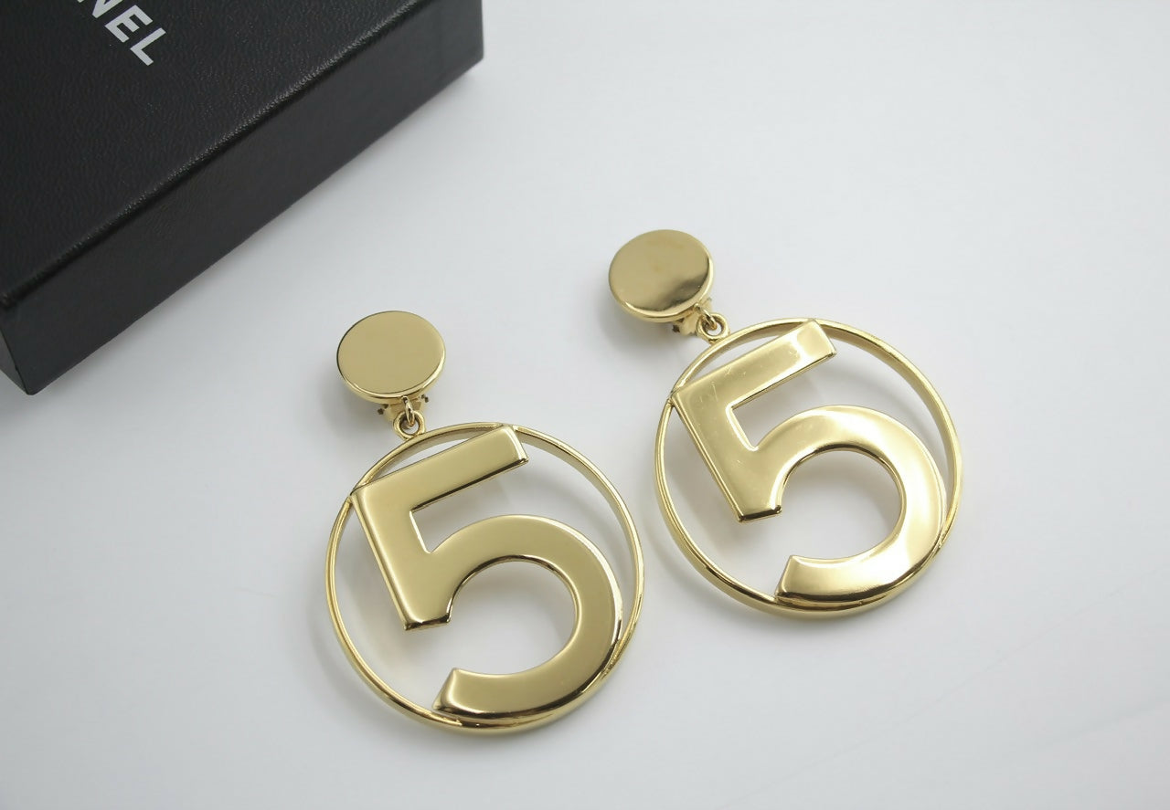 Chanel Vintage 1987 Gold-plated No. 5 Dangle Clip-on Earrings