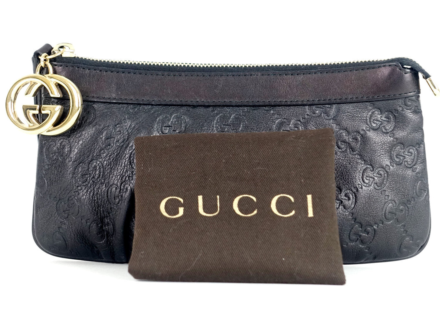 Gucci Sukey Monogram Leather GG Charm Wristlet Bag