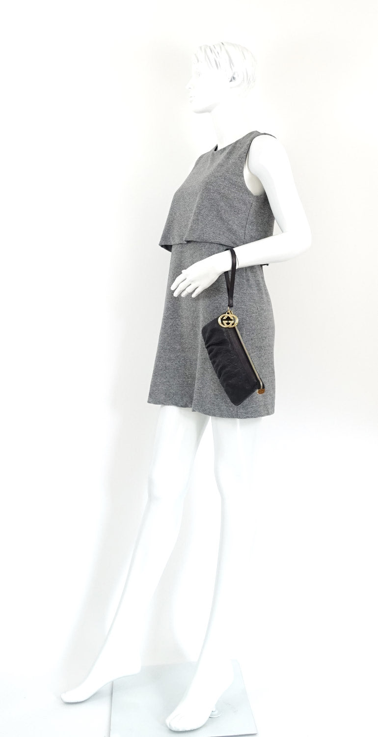 Gucci Sukey Monogram Leather GG Charm Wristlet Bag