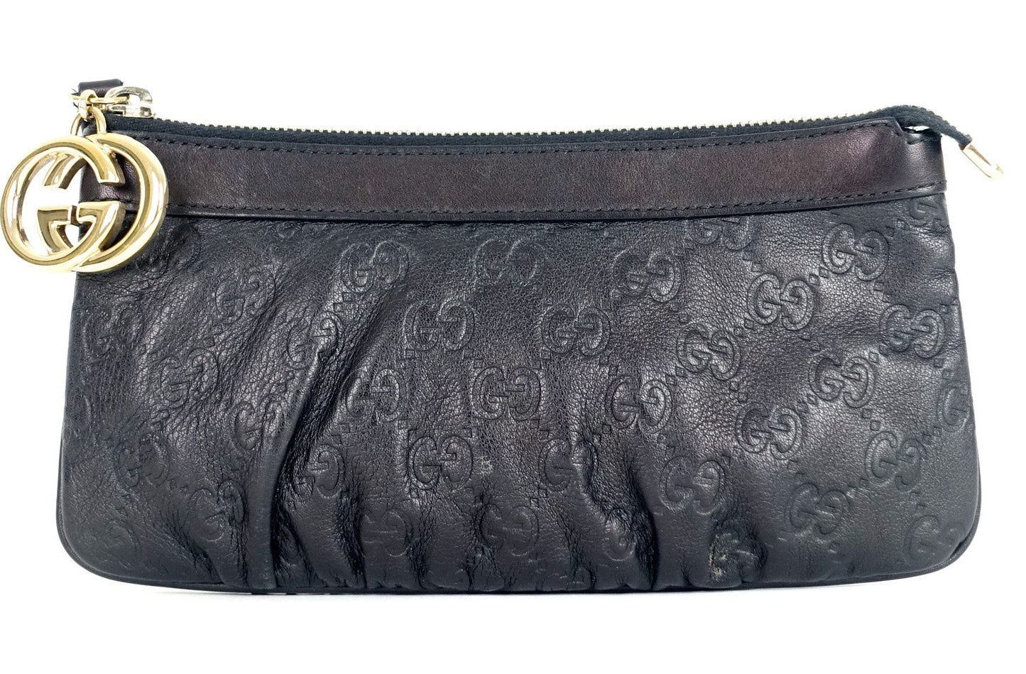Gucci Sukey Monogram Leather GG Charm Wristlet Bag