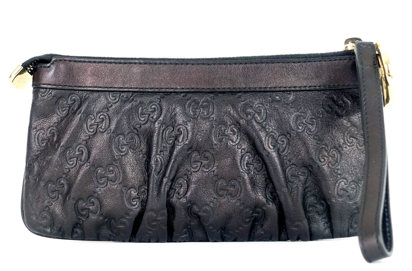 Gucci Sukey Monogram Leather GG Charm Wristlet Bag
